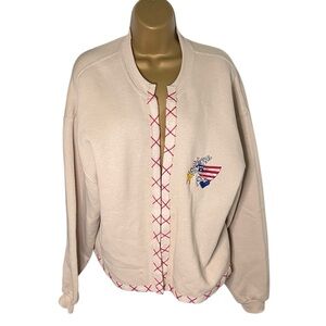 Vintage 90s Oversized Jerzees Patriotic Embroidered Sweatshirt Cardigan Beige L